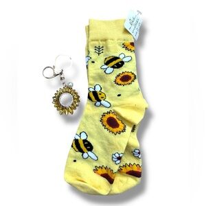 Yellow Bee/Sunflower Socks (fits size 5-10) and Sunflower Keychain